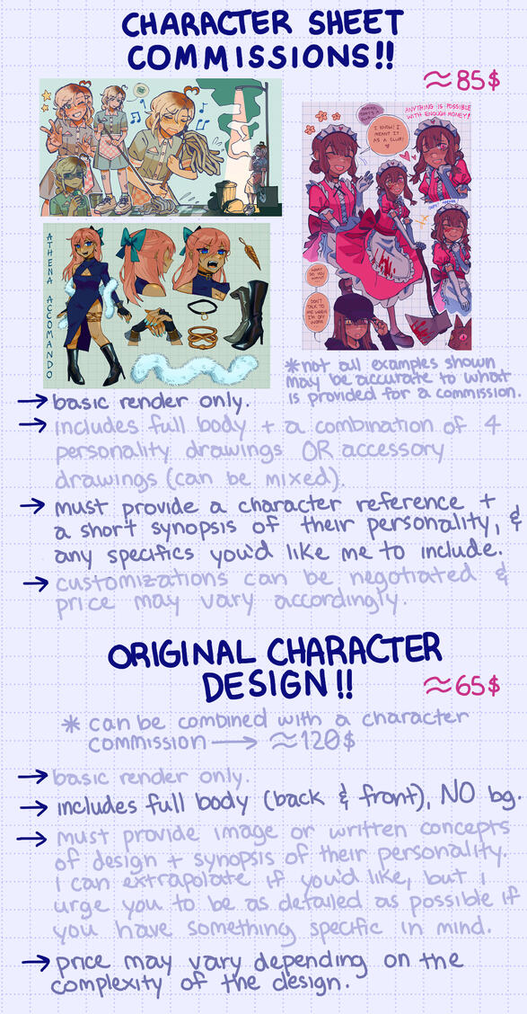 CHARACTER SHEET COMMISSIONS !! ~ 85$ *not all examples shown may be accurate to what is provided for a commission. - basic render only. - includes full body + a combination of 4 personality drawings OR accessory drawings (can be mixed). - must provide a c
